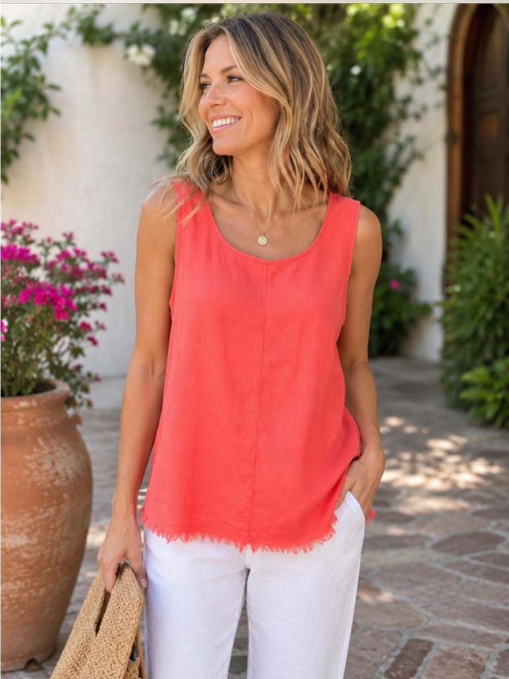 Chelsea & Theodore Coral Sleeveless Linen-Tank